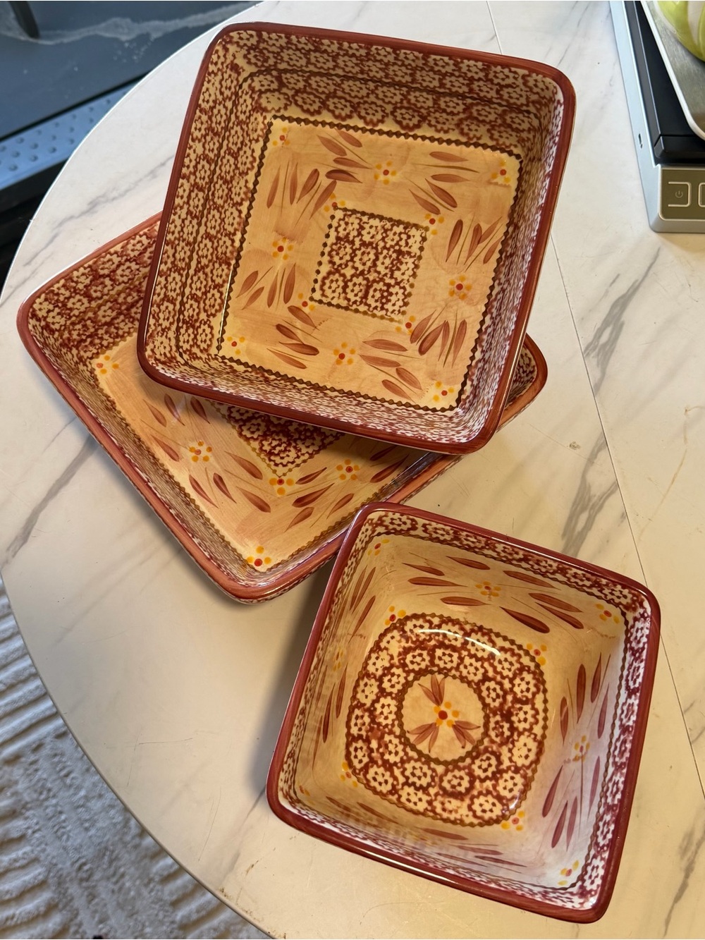 Temptations Hand-Painted Ceramic Serving Bowls - Rustic Red & Cream Set